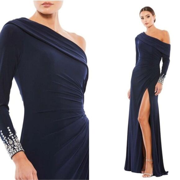 Mac Duggal 12231 Size 2 Beaded Cuff Drop Shoulder Faux Wrap Gown Midnight Blue - Picture 1 of 11